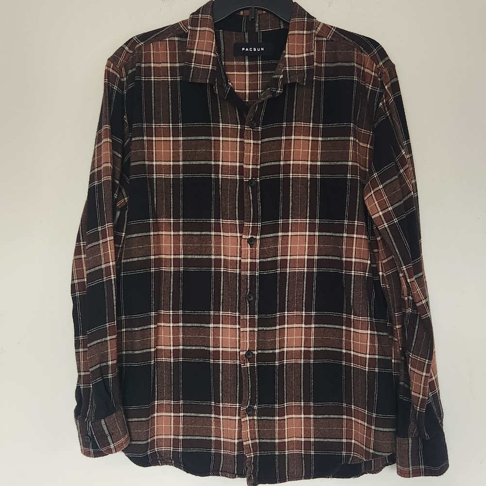 PACSUN Black & Brown Plaid Flannel Shirt Unisex Men's Large